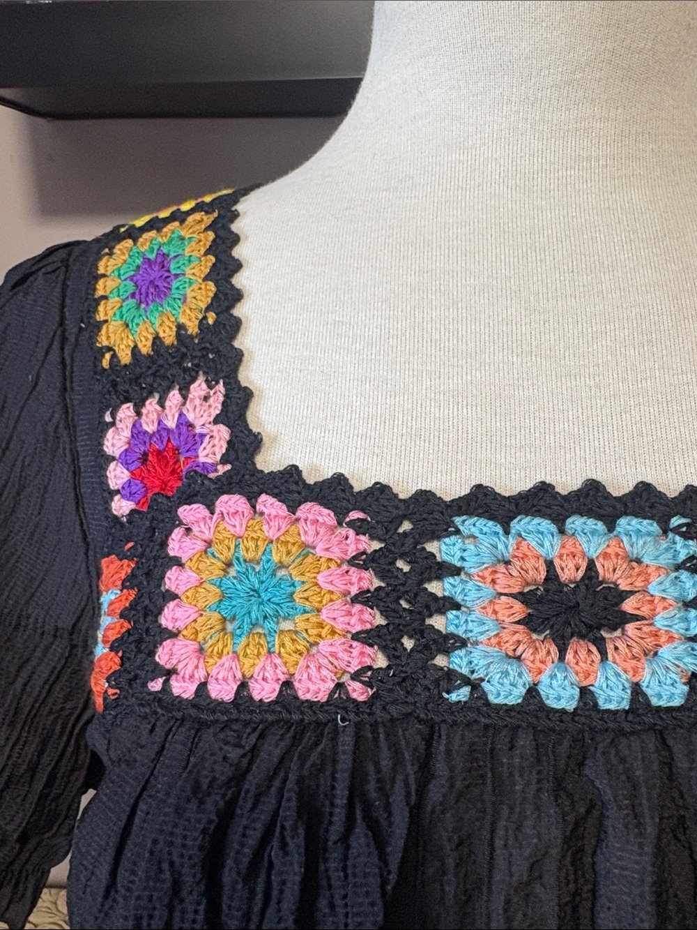 Black Peasant Blouse with Multicolor Crochet Yoke - Picture 2 of 4